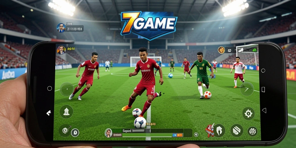 Grafik permainan 7GAME yang realistis dan mengesankan saat bermain sepak bola.