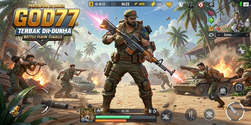 Tangkapan layar utama GOD77 menampilkan aksi pertempuran Battle Royale yang menegangkan.