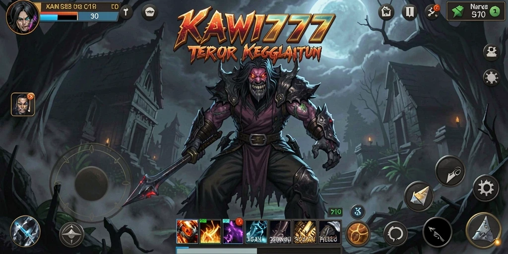 Screenshot gameplay KAWI777 yang menampilkan suasana horor yang mencekam.