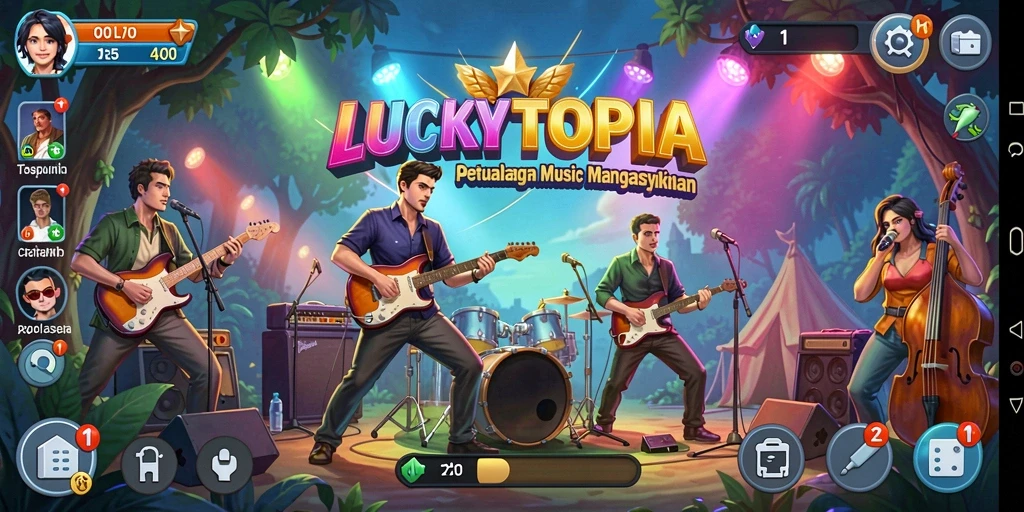 Screenshot utama gameplay LUCKYTOPIA yang menunjukkan keseruan bermain musik.