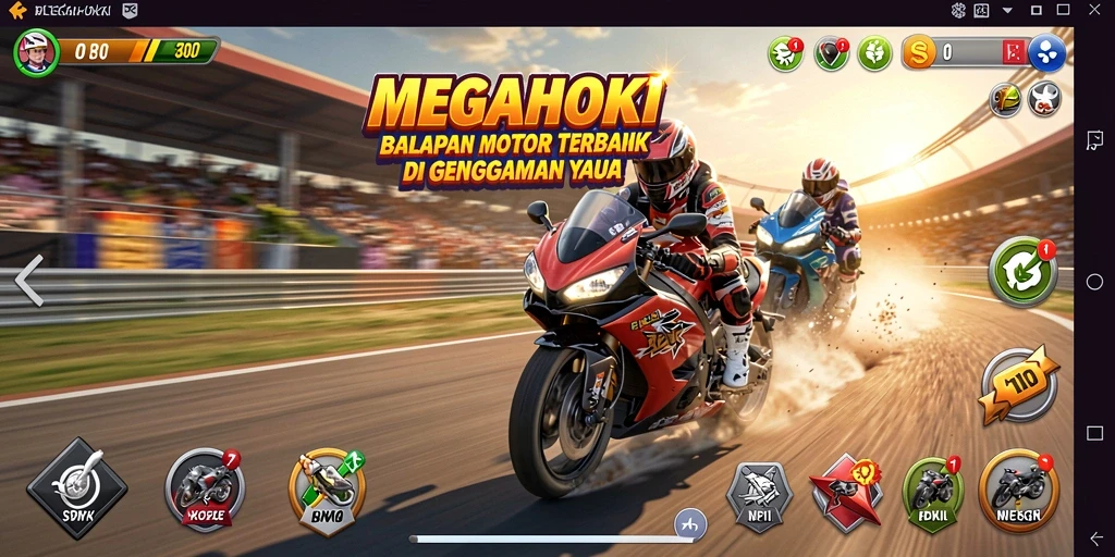 Screenshot gameplay MEGAHOKI yang menampilkan aksi balapan motor yang mendebarkan.