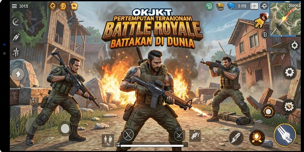 Tampilan gameplay seru di OKJKT, menunjukkan aksi pertempuran Battle Royale.