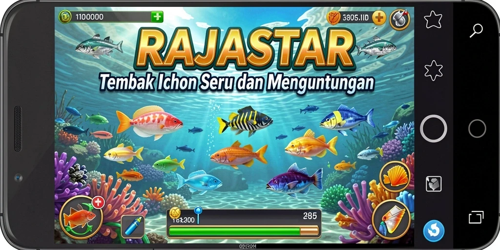 Screenshot utama RAJASTAR menampilkan aksi tembak ikan yang menegangkan.