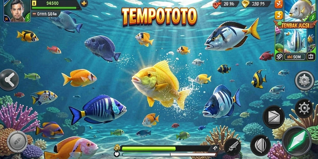 Gameplay seru TEMPOTOTO dengan aksi tembak ikan yang mendebarkan.