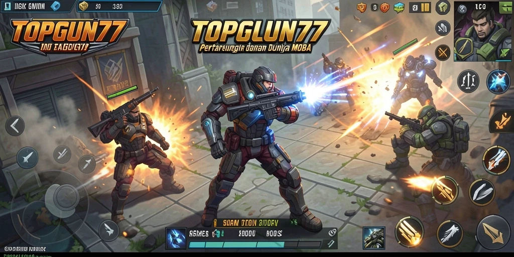 Screenshot gameplay TOPGUN77 menampilkan pertempuran seru di arena MOBA.